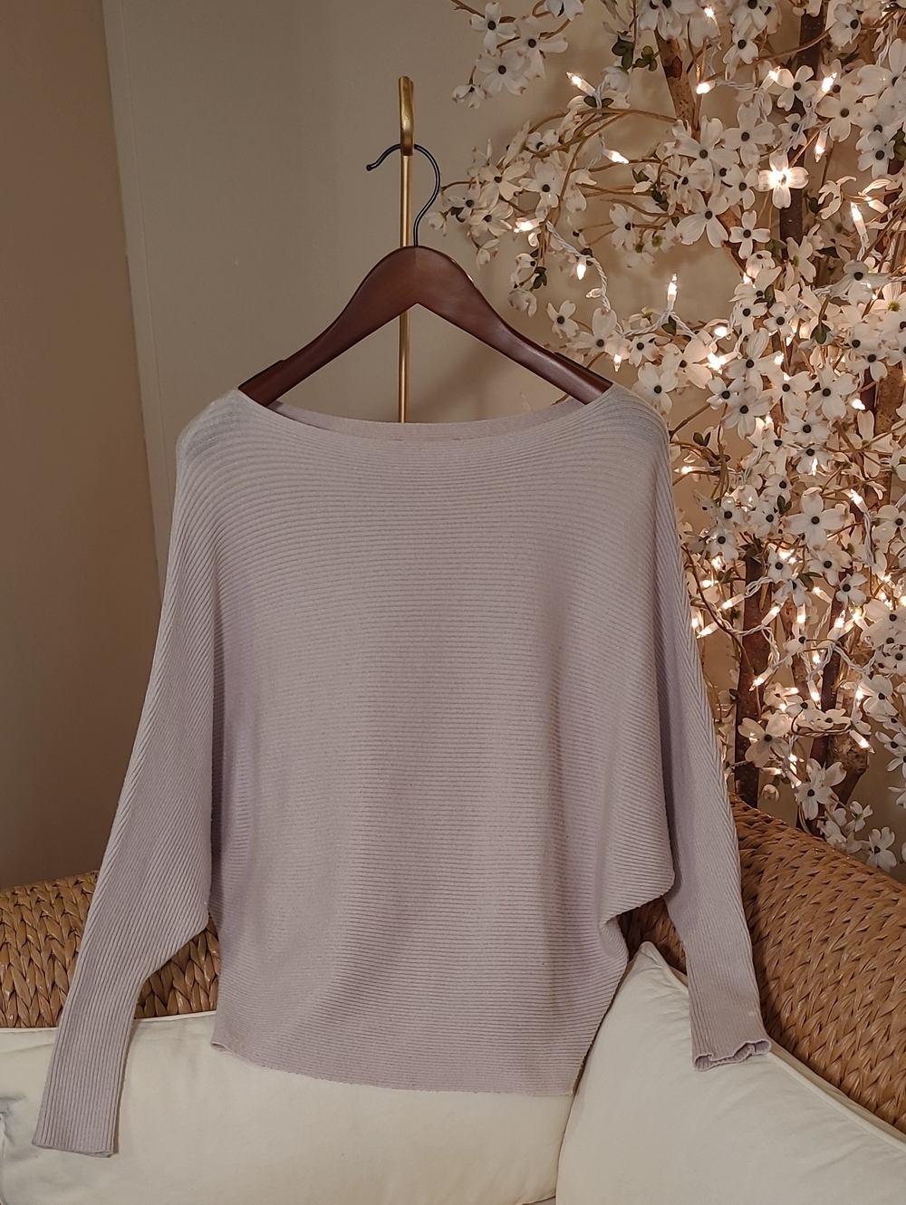 Women's Lightweight Rib Knit Boat Neck Sweater With Dolman Sleeves